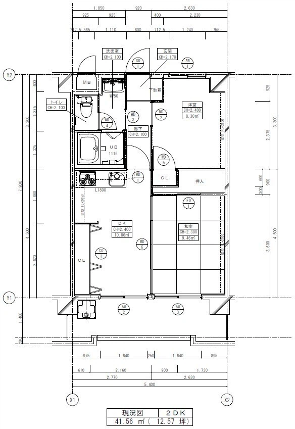 寸法や建具、主要設備を記載した現況平面図の成果例